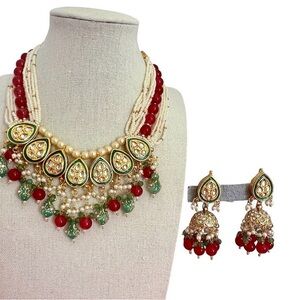 Kundan-Style Multi-Strand Pearl Necklace with Red & Green Accents
